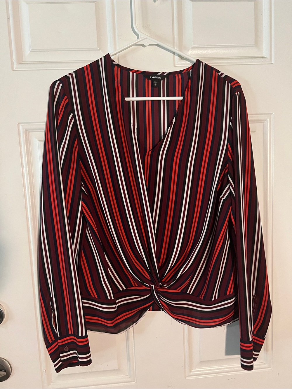 Express Red Black White Striped Twist-Front Blouse
